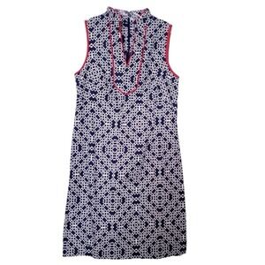 Eliza J Sleeveless Shift Dress Zip‎ V-Neck Navy Blue White Red Pattern Size 10